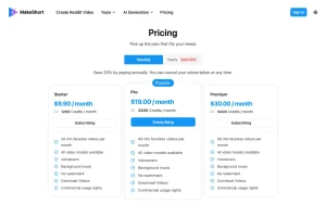 MakeShort.ai pricing page with plans and prices — screenshot of the video AI tool, 2026-10-01