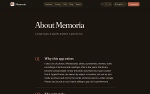Memoria about page — screenshot of the productivity & writing AI tool, 2026-10-01