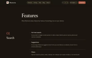 Memoria features page — screenshot of the productivity & writing AI tool, 2026-10-01