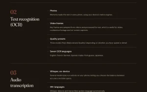 Memoria features page — screenshot of the productivity & writing AI tool, 2026-10-01