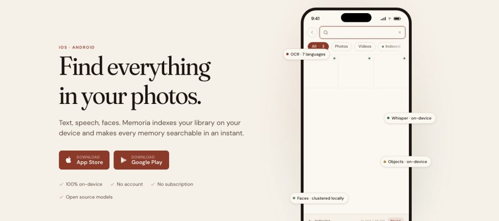Capture d'écran de la page d'accueil de Memoria, outil d'IA productivité et rédaction