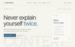 MemoryRouter homepage — screenshot of the productivity & writing AI tool, 2026-10-01