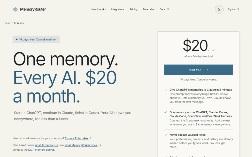 MemoryRouter pricing page with plans and prices — screenshot of the productivity & writing AI tool, Oct 1, 2026