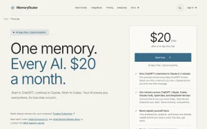 MemoryRouter pricing page with plans and prices — screenshot of the productivity & writing AI tool, 2026-10-01
