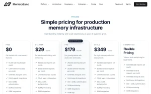 MemorySync pricing page with plans and prices — screenshot of the coding AI tool, 2026-10-01