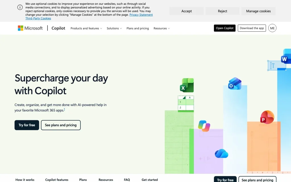 Microsoft Copilot pricing page with plans and prices — screenshot of the chat assistants AI tool, Oct 1, 2026