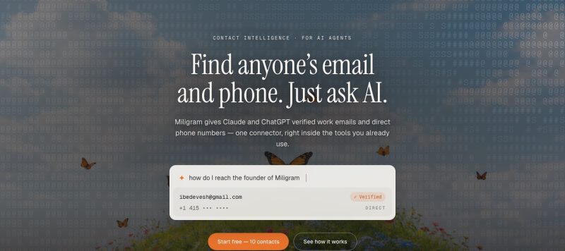 Miligram homepage screenshot, research & search AI tool