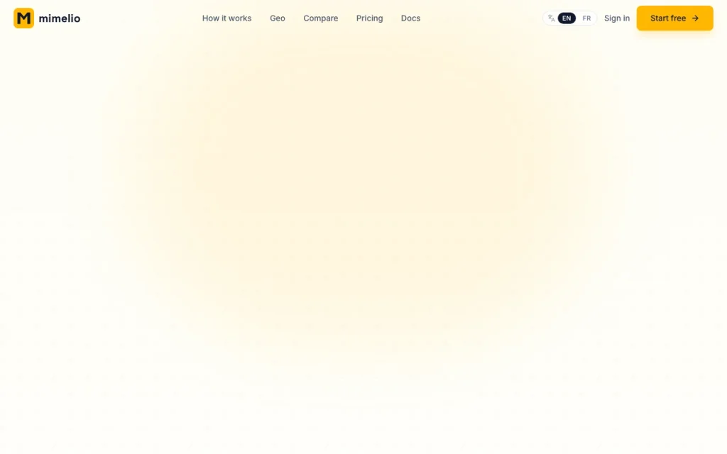 Mimelio homepage — screenshot of the productivity & writing AI tool, Oct 1, 2026