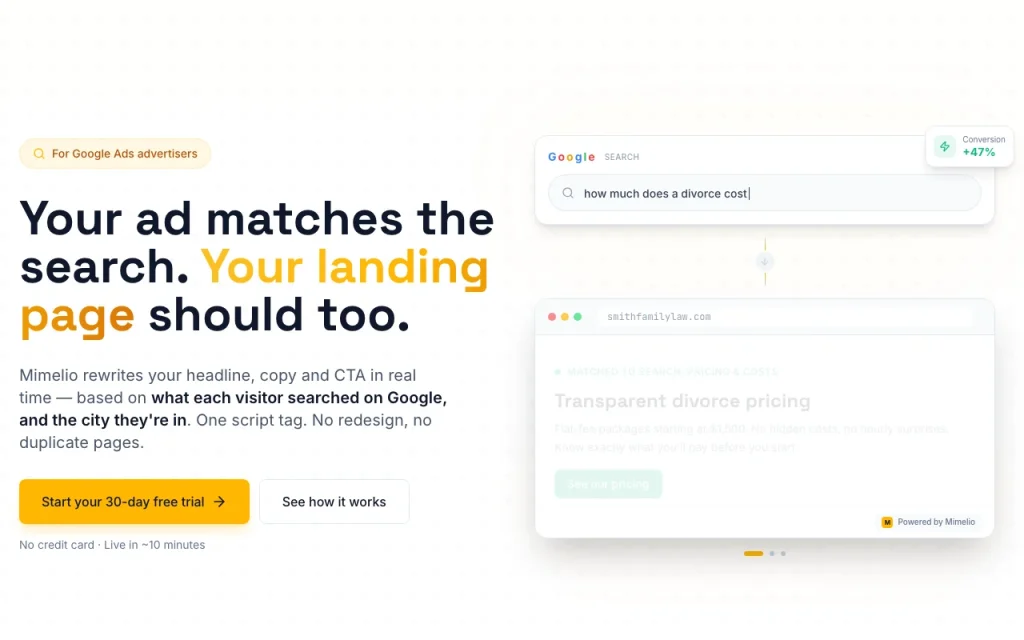 Mimelio homepage — screenshot of the productivity & writing AI tool, Oct 1, 2026