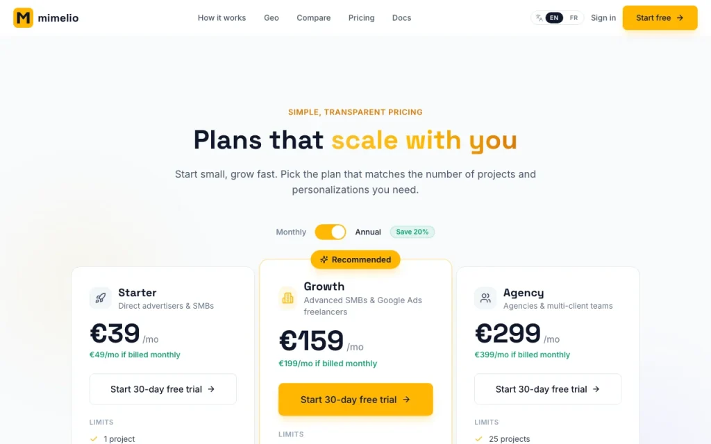 Mimelio pricing page with plans and prices — screenshot of the productivity & writing AI tool, Oct 1, 2026