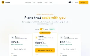 Mimelio pricing page with plans and prices — screenshot of the productivity & writing AI tool, 2026-10-01