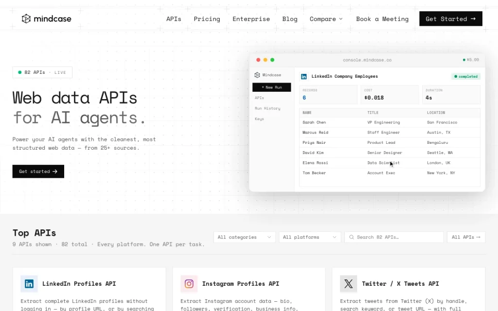 Mindcase homepage — screenshot of the research & search AI tool, Oct 1, 2026
