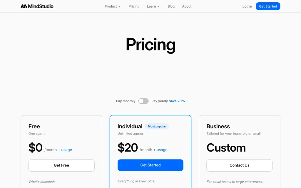 MindStudio page de tarifs avec offres et prix — capture d'écran de l'outil d'IA productivité et rédaction, Oct 1, 2026