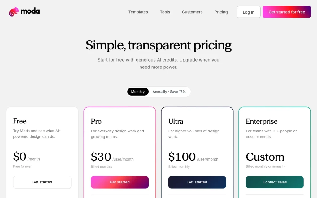 Moda pricing page with plans and prices — screenshot of the image generation AI tool, Oct 1, 2026