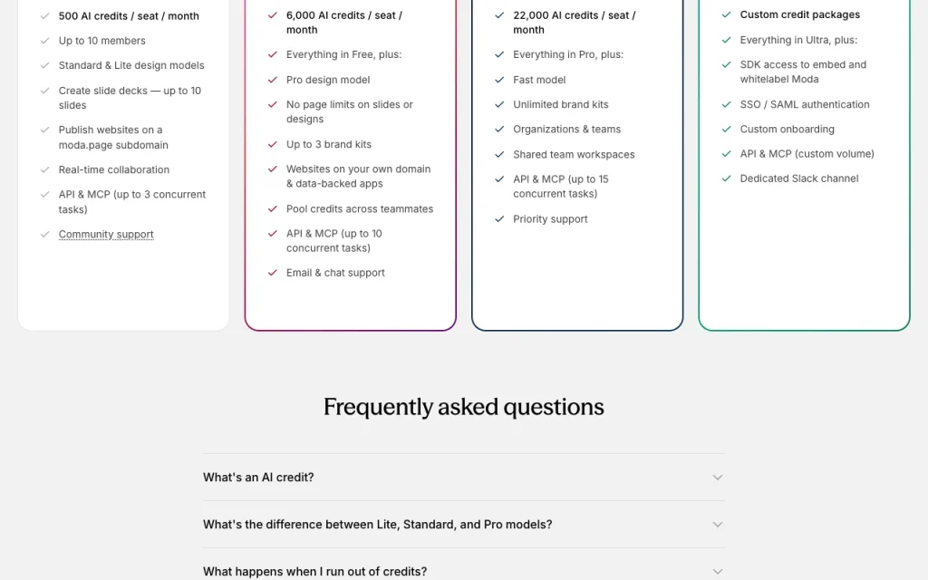 Moda Preisseite mit Tarifen und Preisen – Screenshot des KI-Tools bilderzeugung, Oct 1, 2026