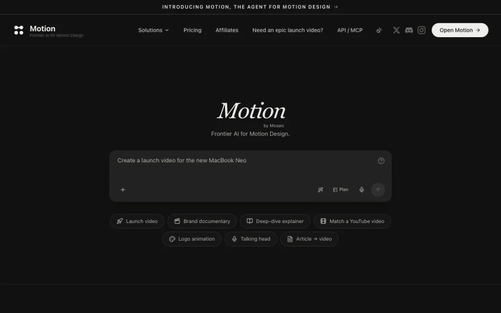 Motion homepage — screenshot of the video AI tool, Oct 2, 2026