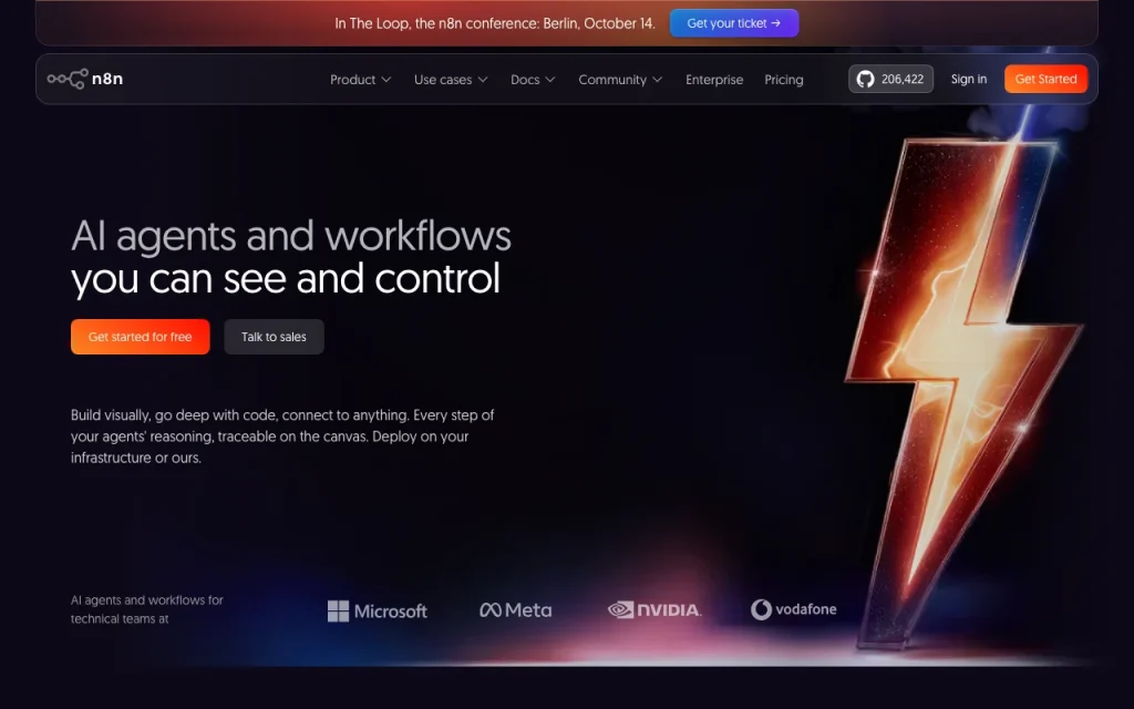 n8n Startseite – Screenshot des KI-Tools produktivität & schreiben, Oct 1, 2026