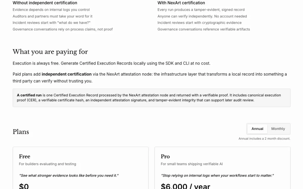 NexArt página de precios con planes y precios — captura de pantalla de la herramienta de IA programación, Oct 1, 2026