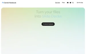 Gemini Notebook (formerly NotebookLM) homepage — screenshot of the research & search AI tool, 2026-10-01