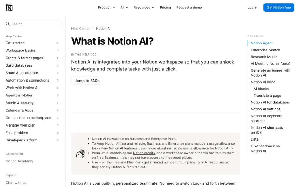 Notion AI centre d'aide — capture d'écran de l'outil d'IA productivité et rédaction, Oct 1, 2026