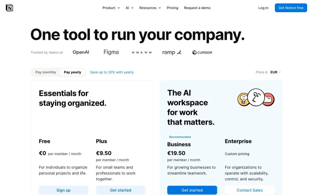 Notion AI page de tarifs avec offres et prix — capture d'écran de l'outil d'IA productivité et rédaction, Oct 1, 2026