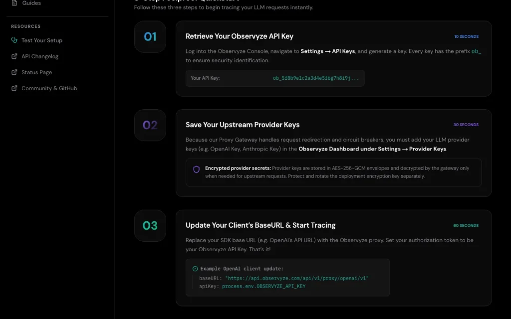 Observyze documentation — screenshot of the coding AI tool, Oct 1, 2026