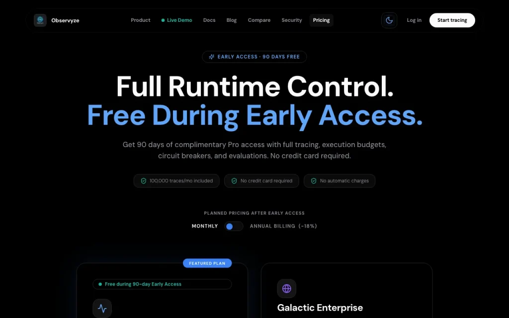 Observyze pricing page with plans and prices — screenshot of the coding AI tool, Oct 1, 2026