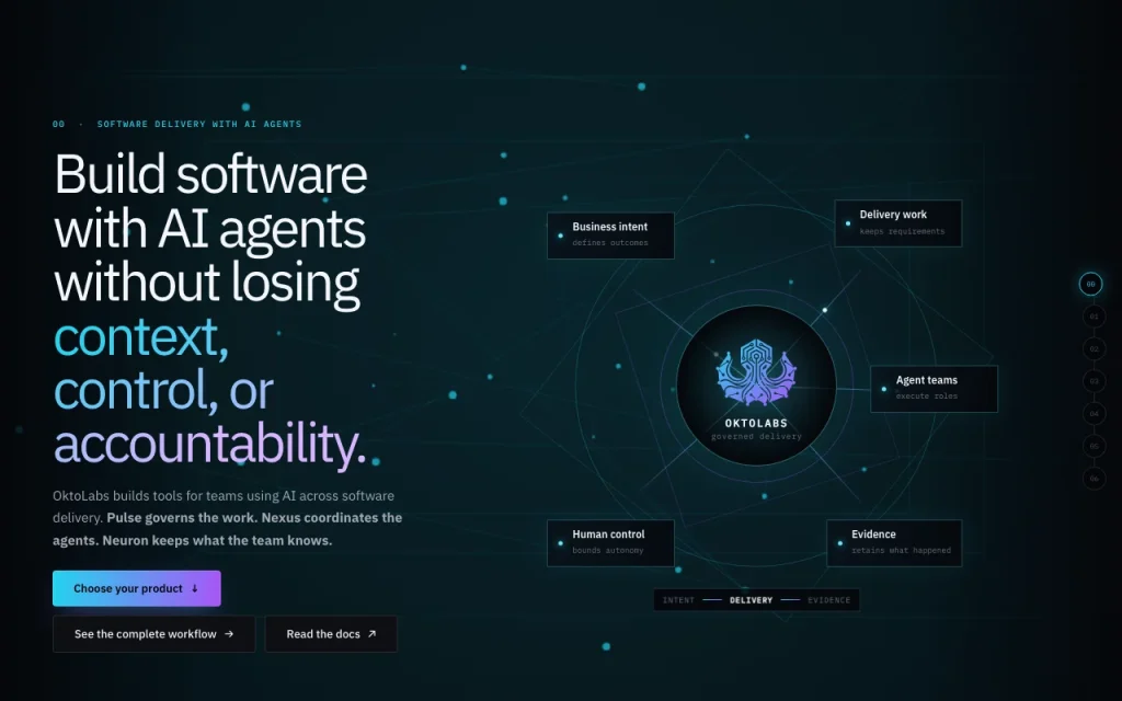 OktoLabs (Okto Pulse, Nexus, Neuron) homepage — screenshot of the coding AI tool, Oct 1, 2026