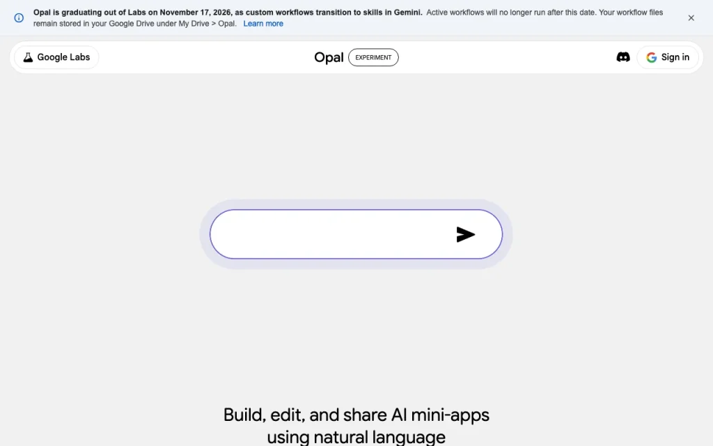 Opal (Google Labs) Startseite – Screenshot des KI-Tools produktivität & schreiben, Oct 1, 2026