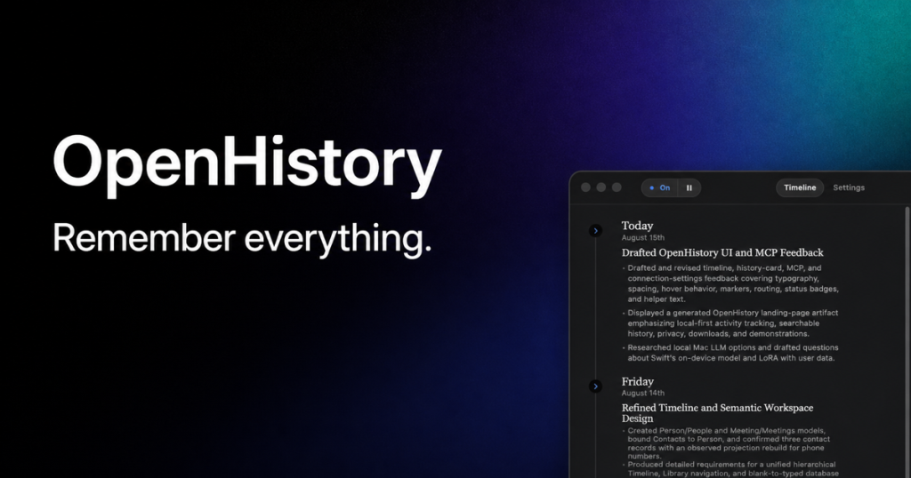 Capture d'écran de la page d'accueil de OpenHistory, outil d'IA productivité et rédaction