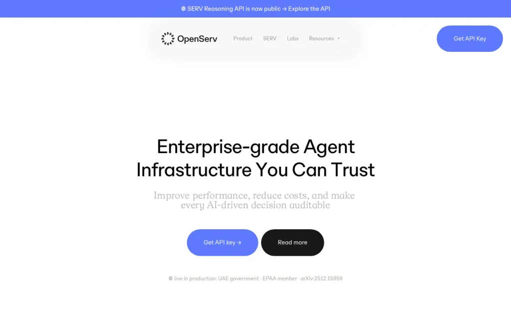 OpenServ (SERV Reasoning) homepage — screenshot of the coding AI tool, Oct 1, 2026
