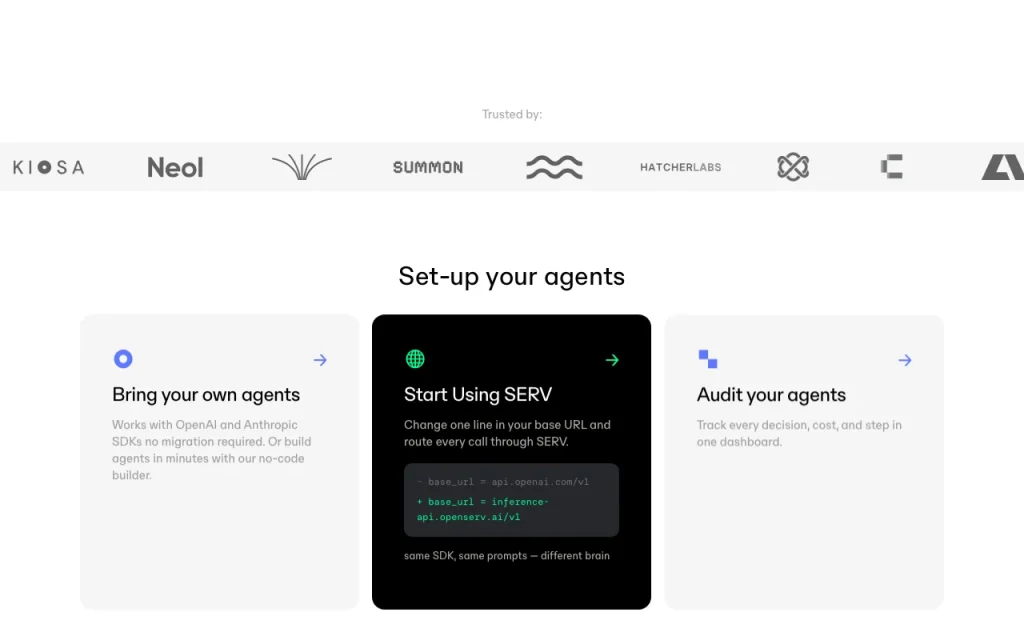 OpenServ (SERV Reasoning) página principal — captura de pantalla de la herramienta de IA programación, Oct 1, 2026