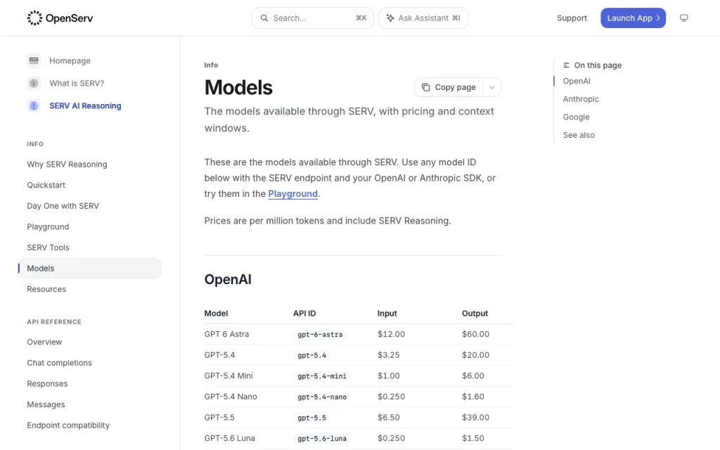 OpenServ (SERV Reasoning) página de precios con planes y precios — captura de pantalla de la herramienta de IA programación, Oct 1, 2026