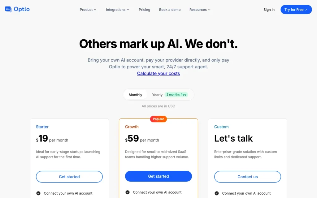 Optlo pricing page with plans and prices — screenshot of the chat assistants AI tool, Oct 1, 2026