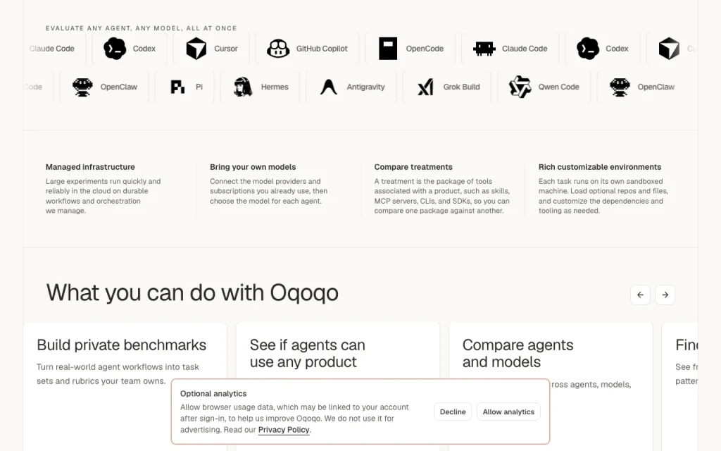 Oqoqo homepage — screenshot of the coding AI tool, Oct 1, 2026