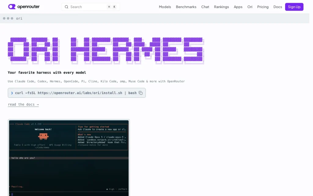 Ori Harness (OpenRouter) homepage — screenshot of the coding AI tool, Oct 1, 2026
