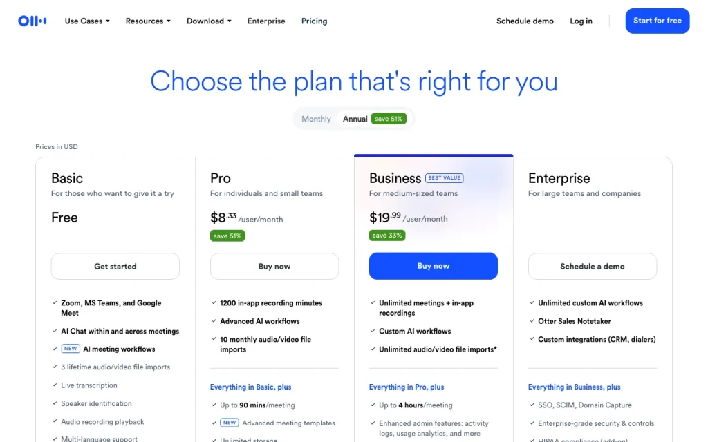 Otter.ai pricing page with plans and prices — screenshot of the audio & voice AI tool, Oct 1, 2026