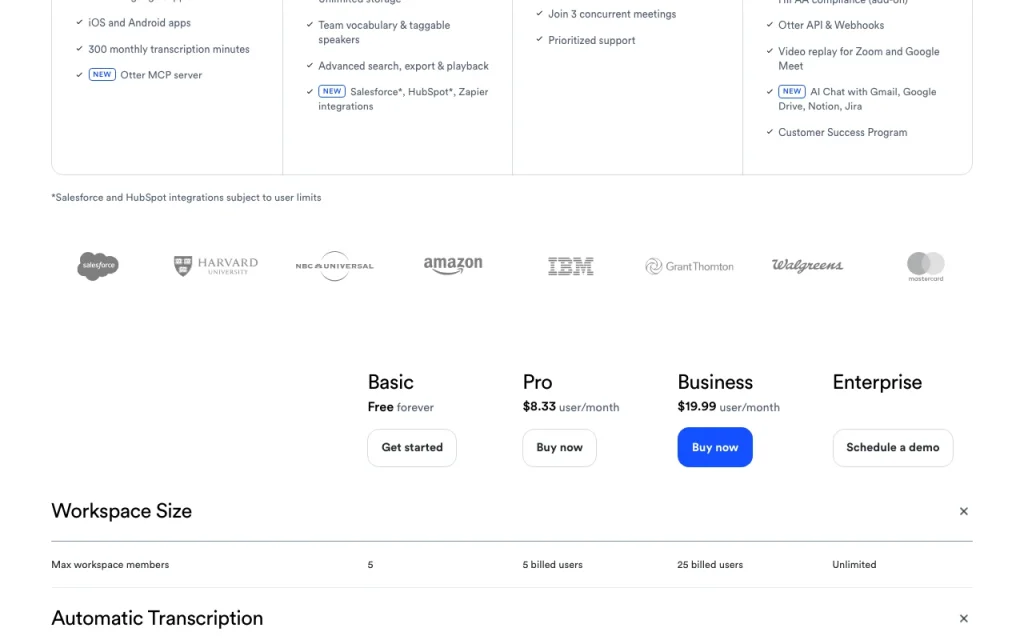 Otter.ai pricing page with plans and prices — screenshot of the audio & voice AI tool, Oct 1, 2026