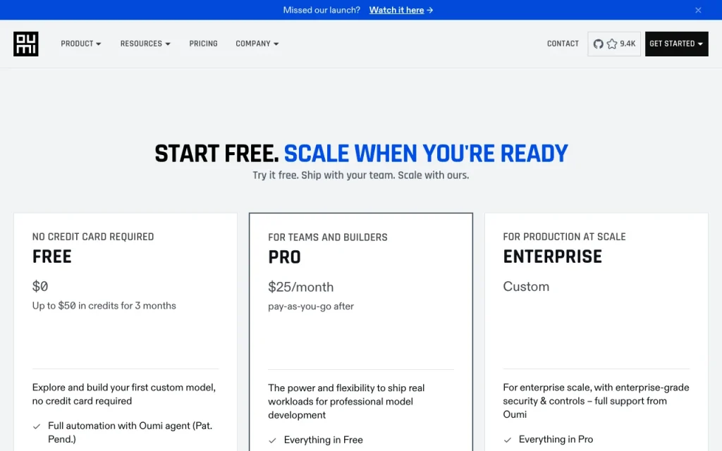 Oumi página de precios con planes y precios — captura de pantalla de la herramienta de IA programación, Oct 1, 2026
