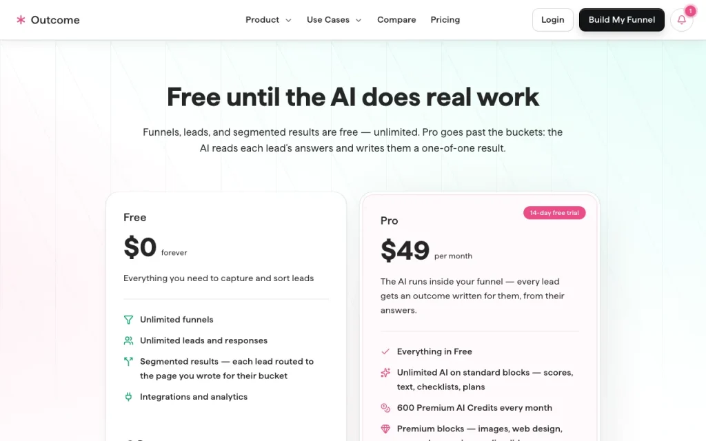 Outcome pricing page with plans and prices — screenshot of the productivity & writing AI tool, Oct 1, 2026