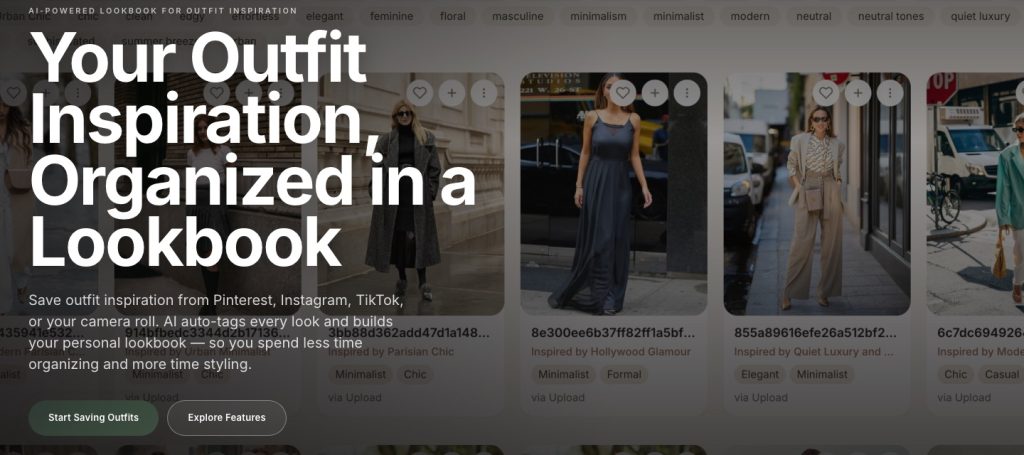 Outfity homepage screenshot, productivity & writing AI tool