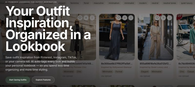 Outfity captura de tela da página inicial, ferramenta de IA produtividade & escrita