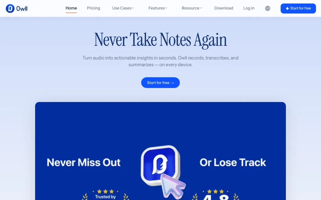 Capture d'écran de la page d'accueil de Owll.ai, outil d'IA productivité et rédaction