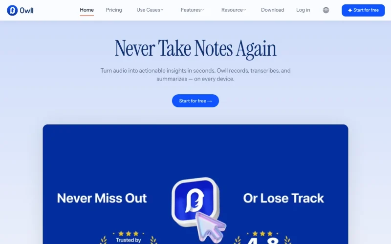 Capture d'écran de la page d'accueil de Owll.ai, outil d'IA productivité et rédaction