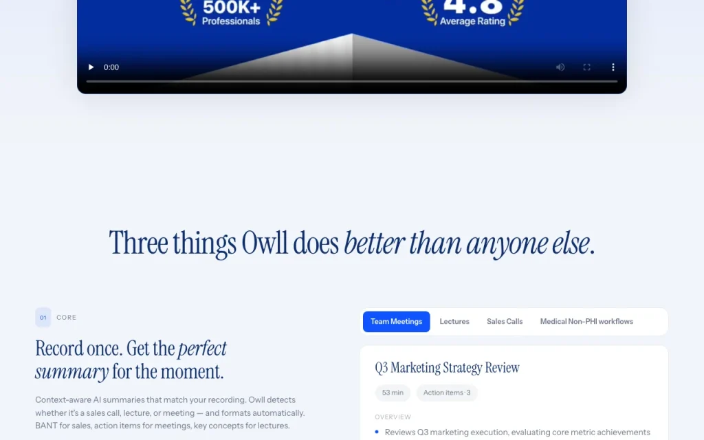 Owll.ai page d'accueil — capture d'écran de l'outil d'IA productivité et rédaction, Oct 1, 2026