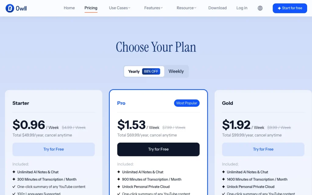 Owll.ai page de tarifs avec offres et prix — capture d'écran de l'outil d'IA productivité et rédaction, Oct 1, 2026