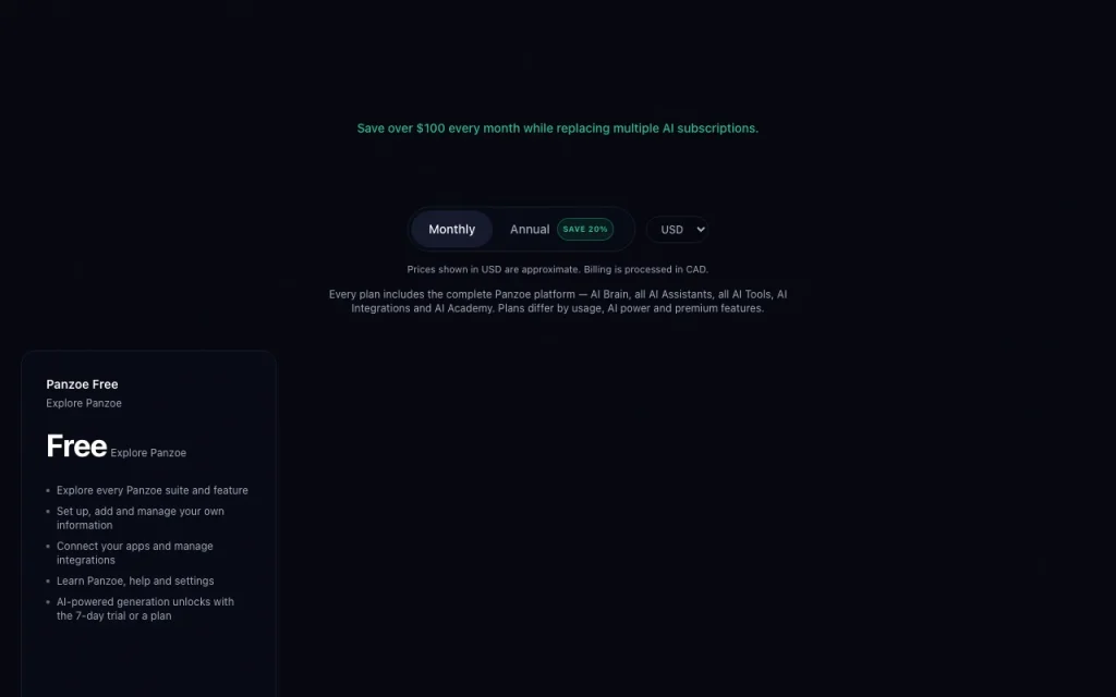 Panzoe page de tarifs avec offres et prix — capture d'écran de l'outil d'IA productivité et rédaction, Oct 1, 2026