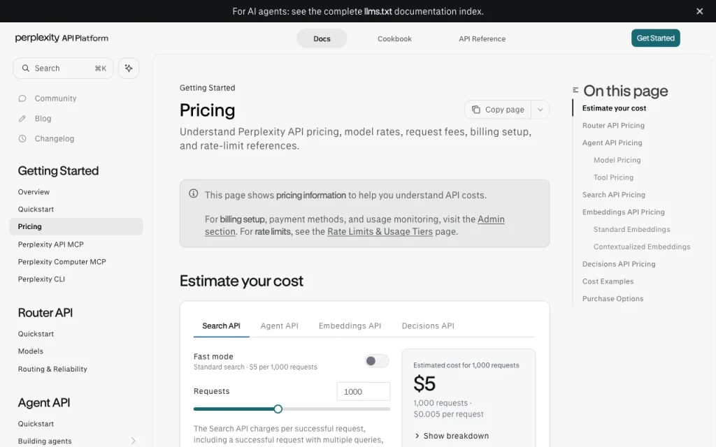 Perplexity API documentation — screenshot of the research & search AI tool, Oct 2, 2026