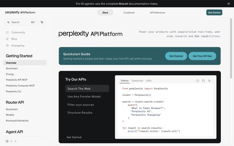 Perplexity homepage screenshot, research & search AI tool