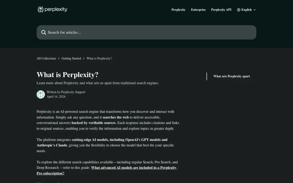 Perplexity help center — screenshot of the research & search AI tool, Oct 2, 2026